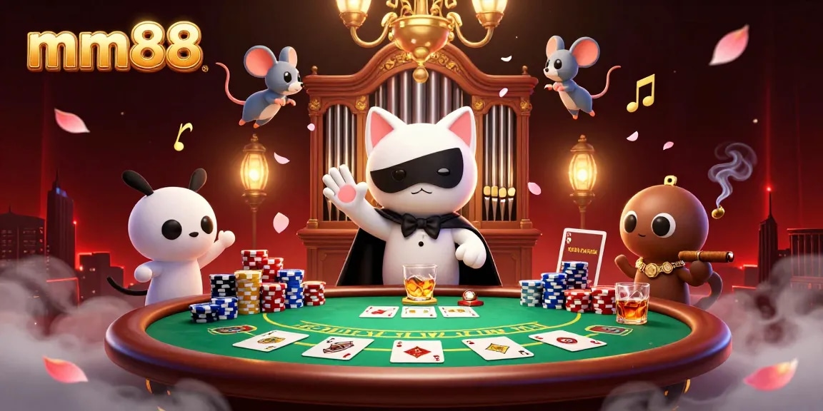 Engage with mm88 in a lavish casino setting featuring a phantom cat and mouse acrobat amidst vibrant poker action.