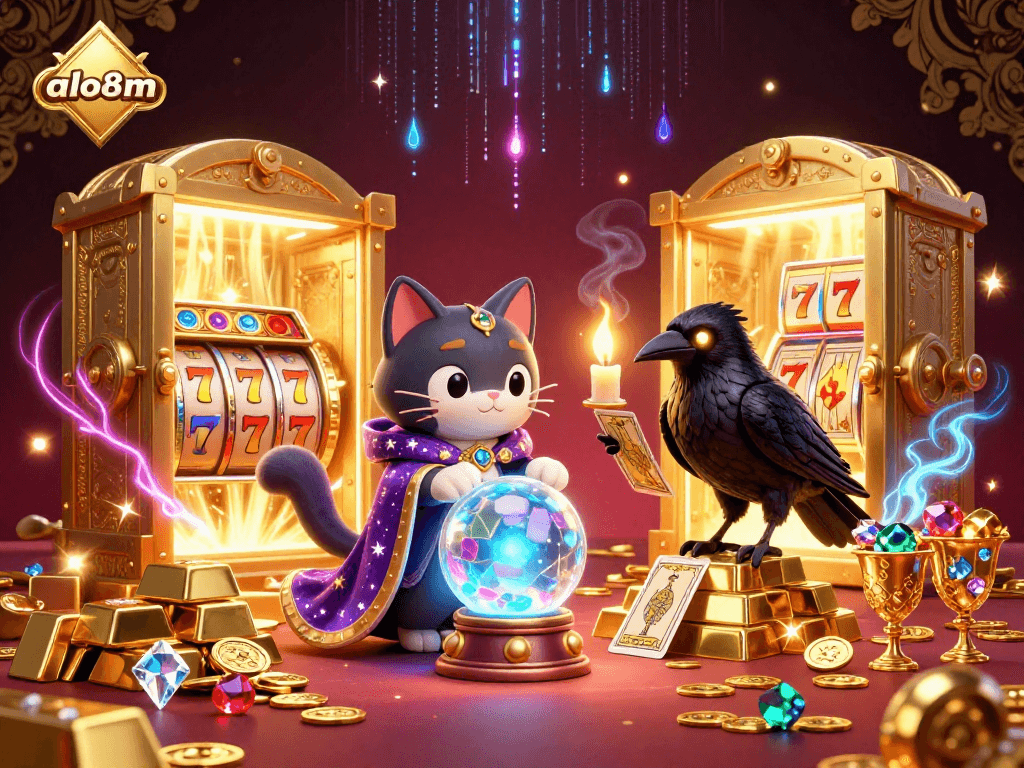 Engage with the vibrant action of alo8m through a rich 3D casino illustration showcasing treasure, games, and animated characters.