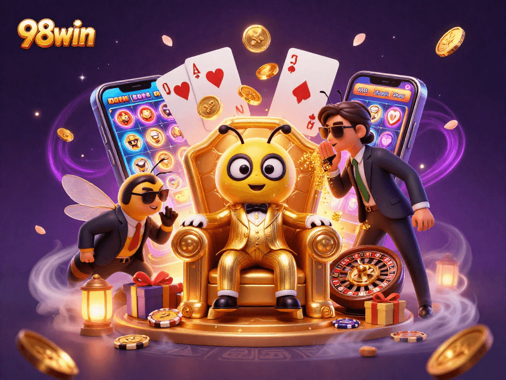 Experience 98win's thrilling casino world with a buzzing bumblebee mob boss and slot games.