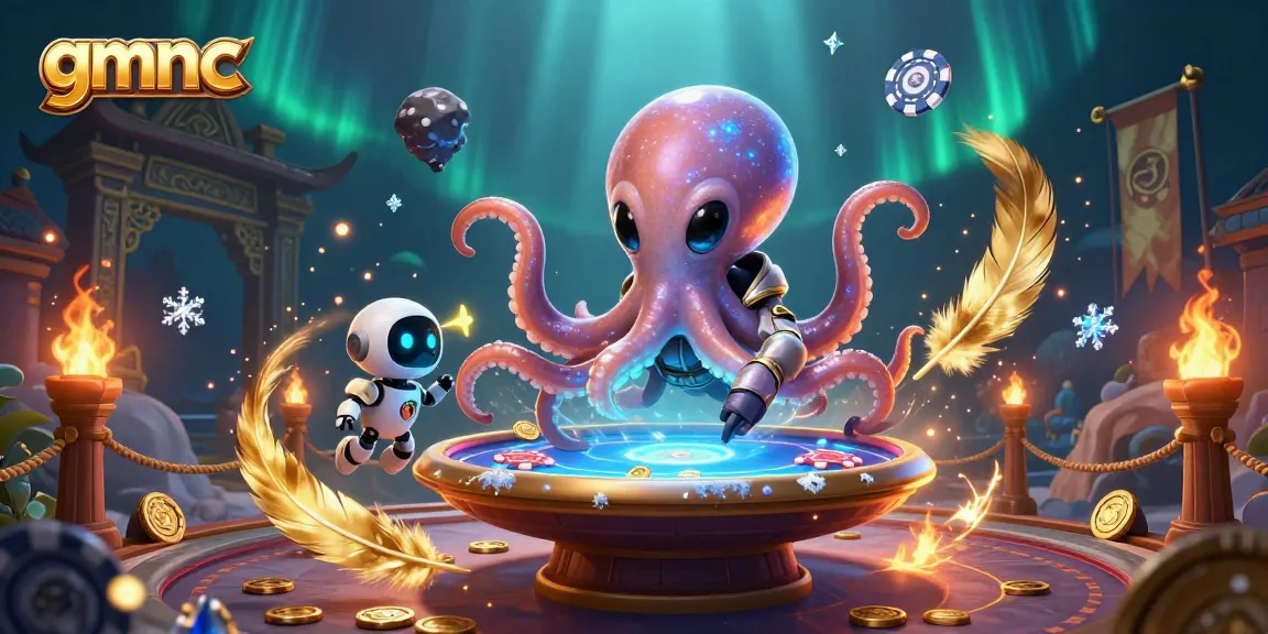 Engaging gmnc scene with an alien octopus and poker elements illustrating online gambling.