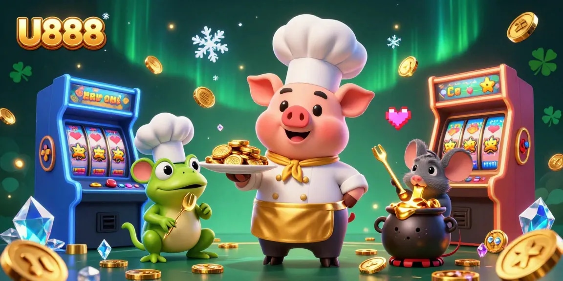 Experience the thrill of U888 with a chef pig serving gold coins in a vibrant casino setting