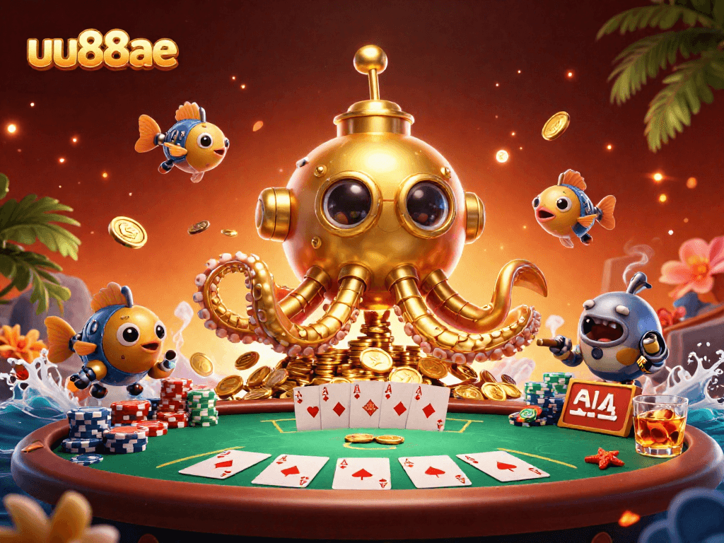 Experience gambling excitement with uu88ae as a golden kraken submarine surfaces among poker chips and cards.