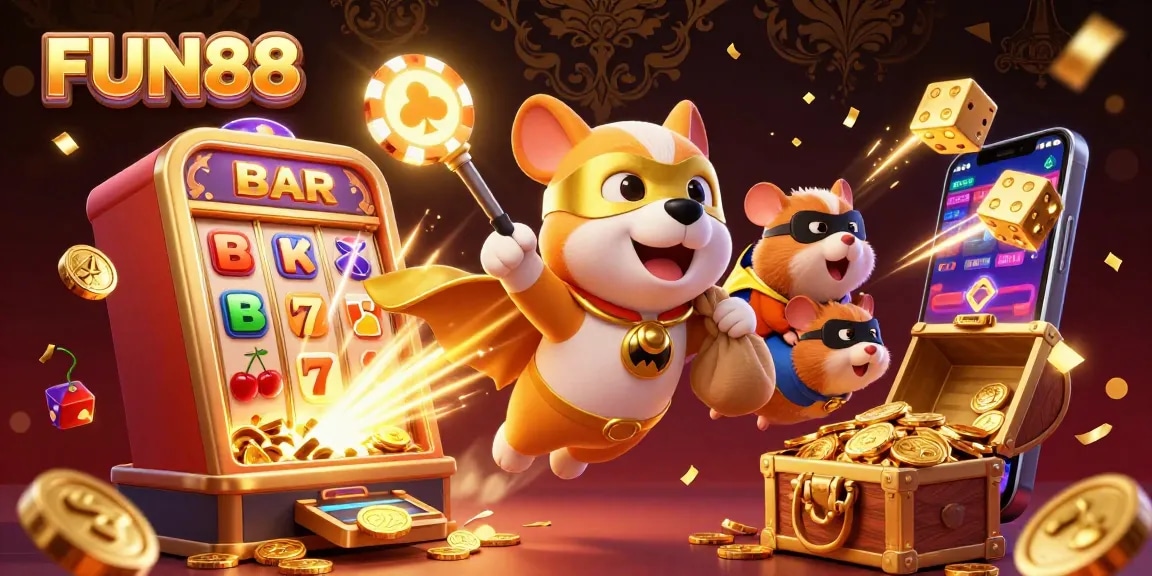 Join FUN88 in a thrilling 3D casino adventure as our superhero dog soars above a vibrant slot machine burst!