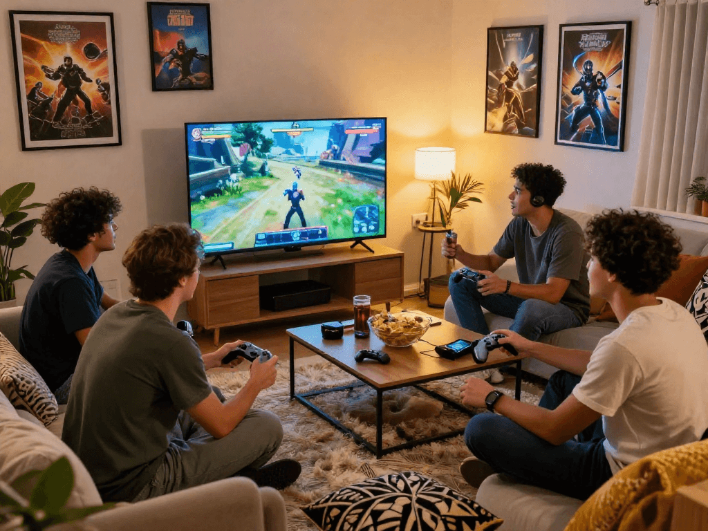 Group of friends enjoying interactive lewdspot games in a cozy living room.
