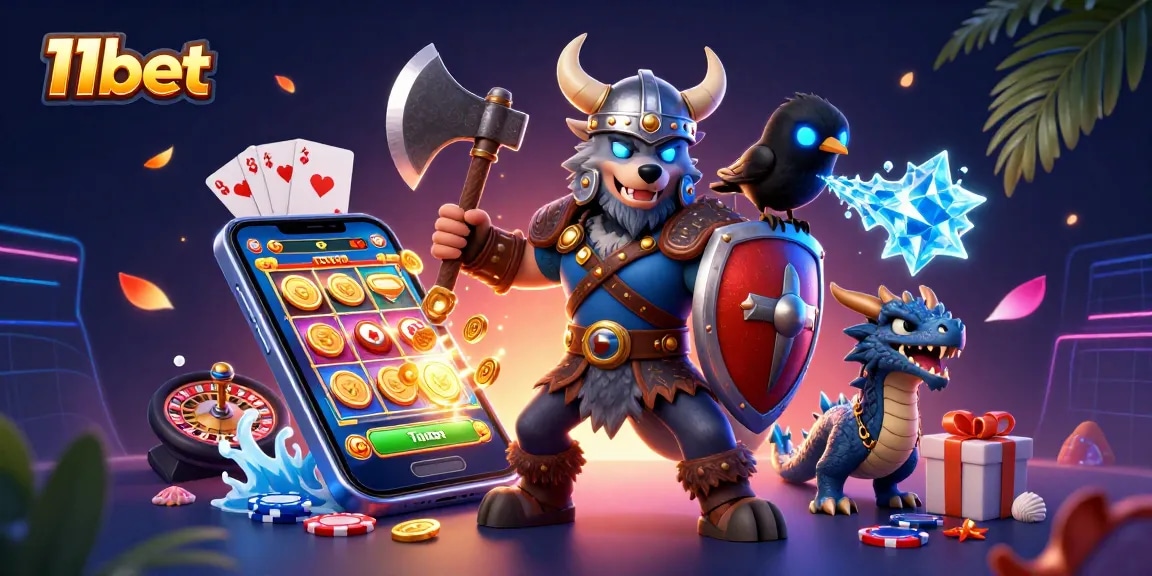 Experience thrilling gameplay with 11bet in this vibrant 3D casino scene featuring a Viking warrior.