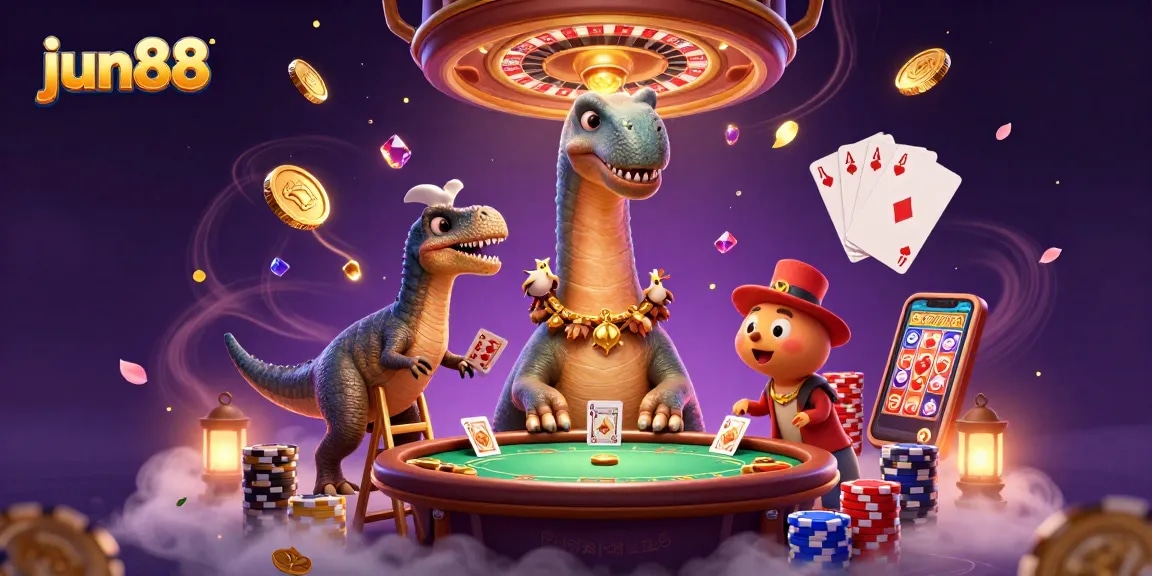 Experience the excitement of jun88 with towering casino elements and interactive characters in a vibrant scene.