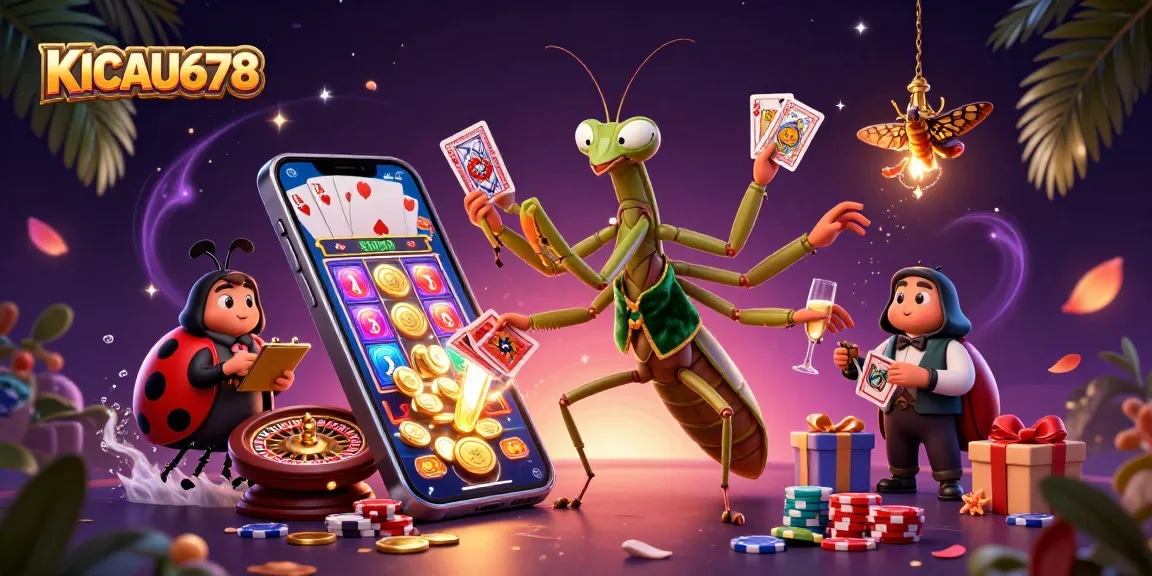 KICAU678 showcases an energetic casino scene with a giant mantis and ladybug engaging in gaming.