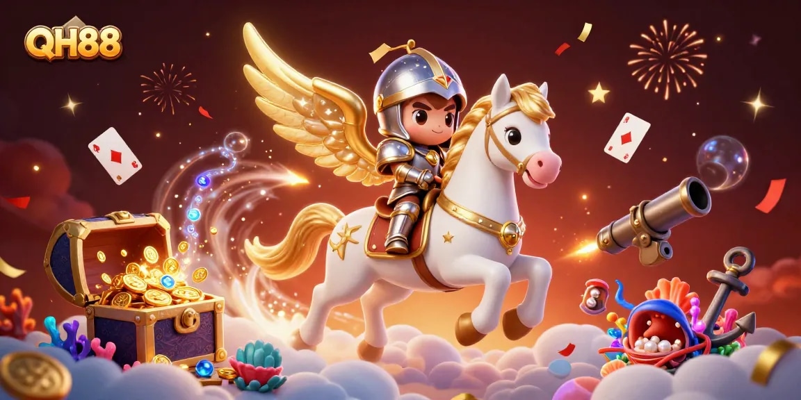 Experience thrilling gameplay at QH88 with a celestial knight and horse in a magical casino adventure.