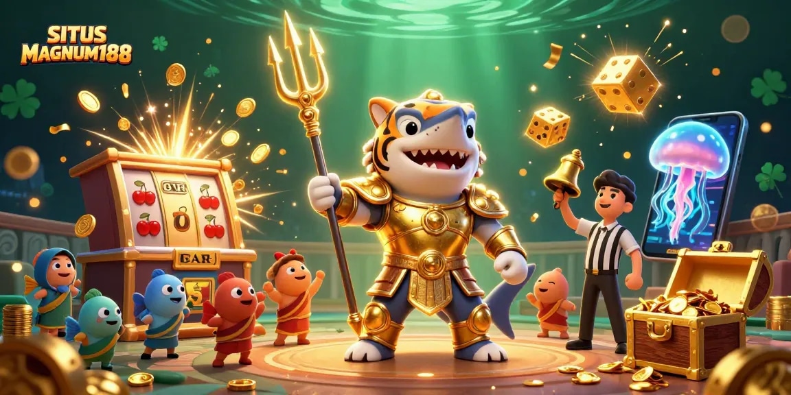 Experience thrilling jackpots at SITUS MAGNUM188, featuring vibrant slot machines and stunning underwater characters.