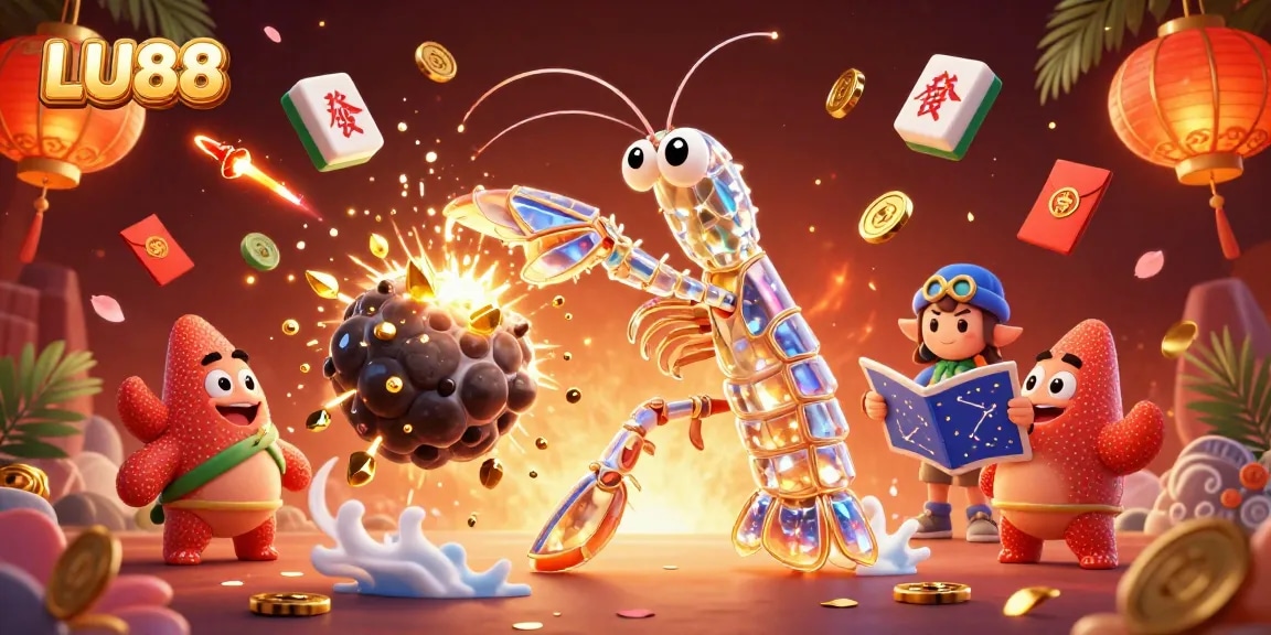 LU88 showcases vibrant online gameplay with a humorous galactic shrimp battle, perfect for immersive gambling.