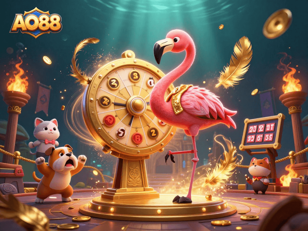 Spin the giant golden prize wheel with AO88 and win exciting prizes in this vibrant casino scene.