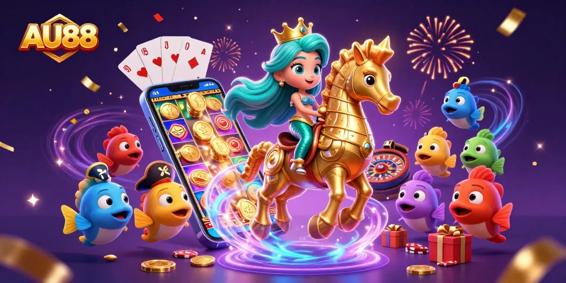 Experience the thrill of AU88 with vibrant gameplay and dynamic casino elements in a celebratory illustration.