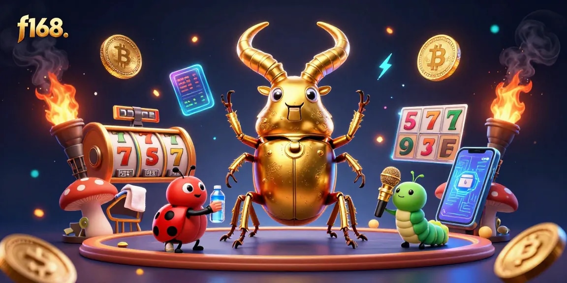 Engage with thrilling slot games at f168. Featuring vibrant characters and glowing coins.