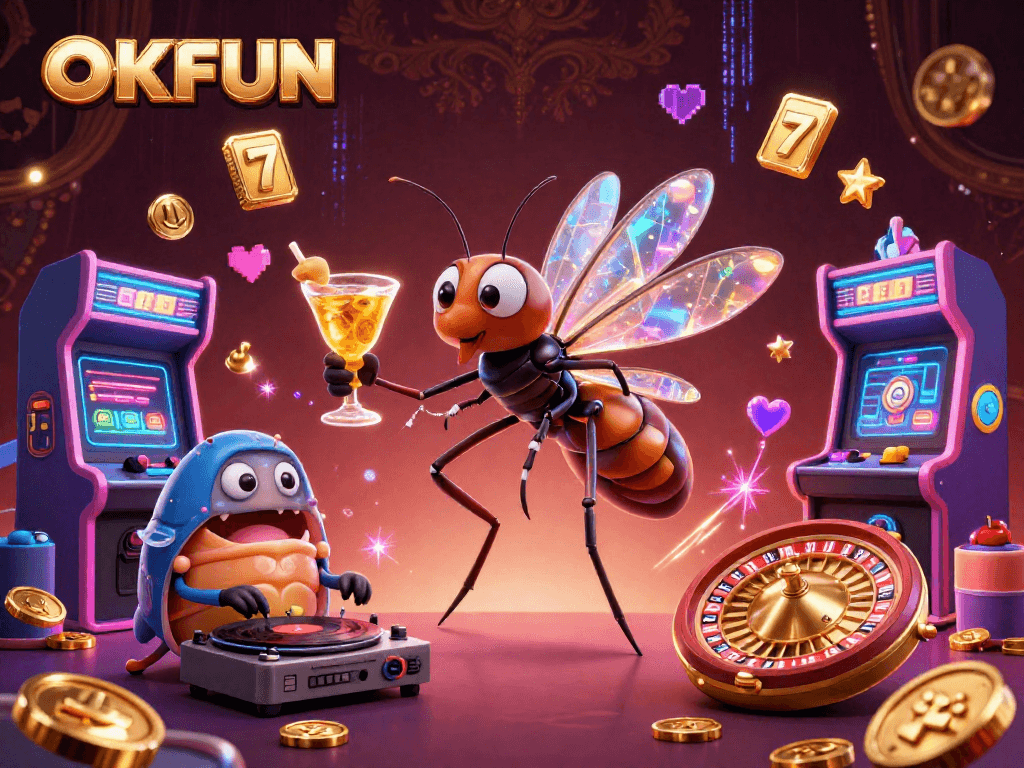 Experience the thrill of gambling at OKFUN with a vibrant casino scene featuring fun characters.
