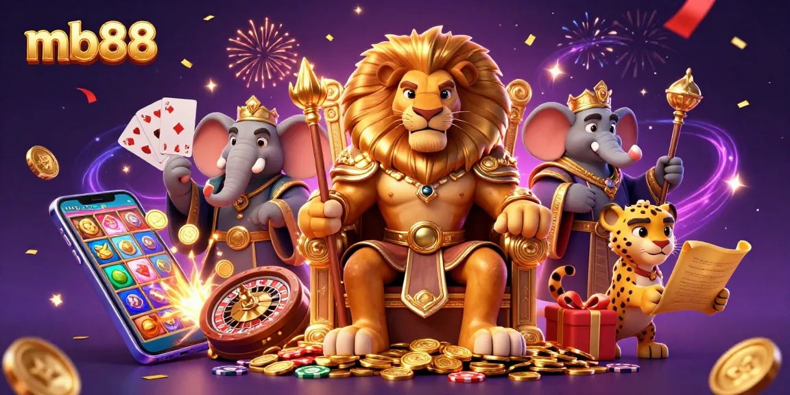 Chơi game slot hấp dẫn tại mb88 với hình ảnh hoàng đế sư tử và bạn đồng hành.