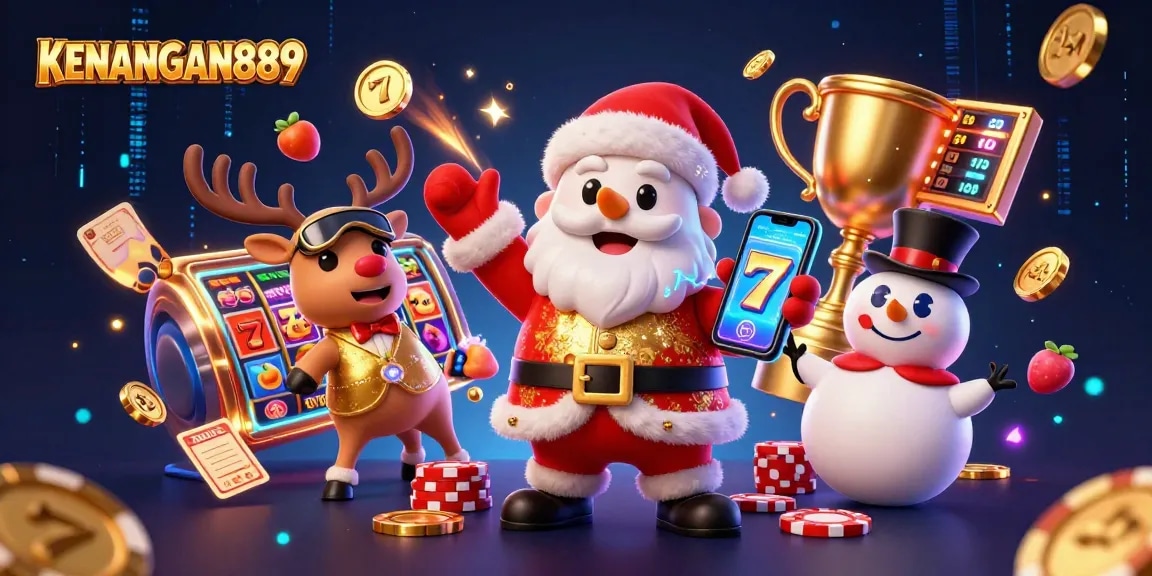 KENANGAN889 provides exciting jackpot slots in a festive casino-themed illustration featuring vibrant characters