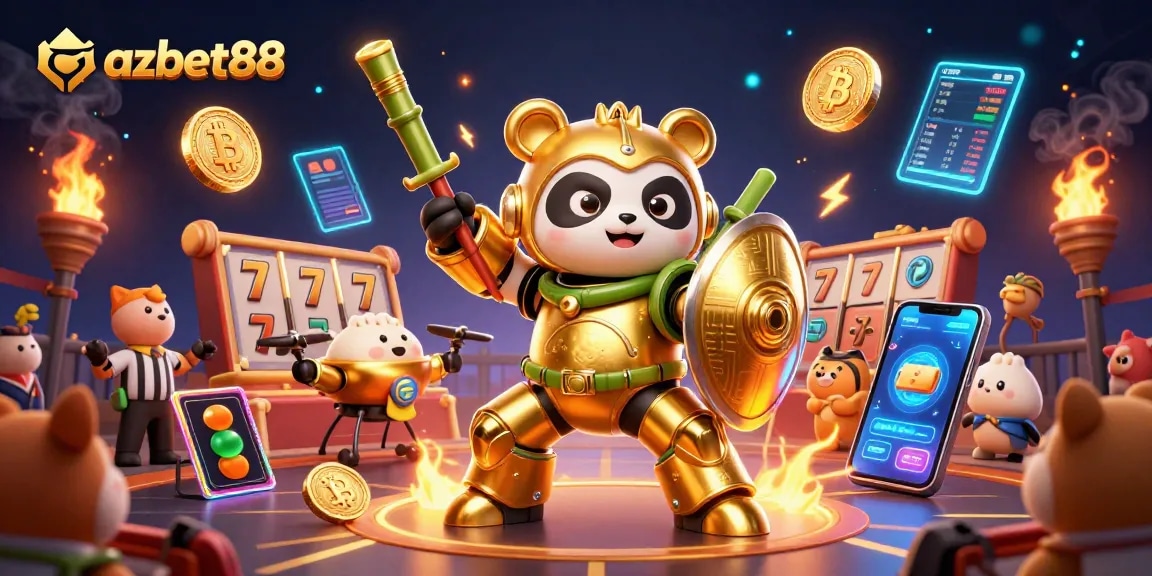 azbet88 showcases a vibrant casino scene with a golden panda piloting a fighting robot, surrounded by dynamic slot elements.