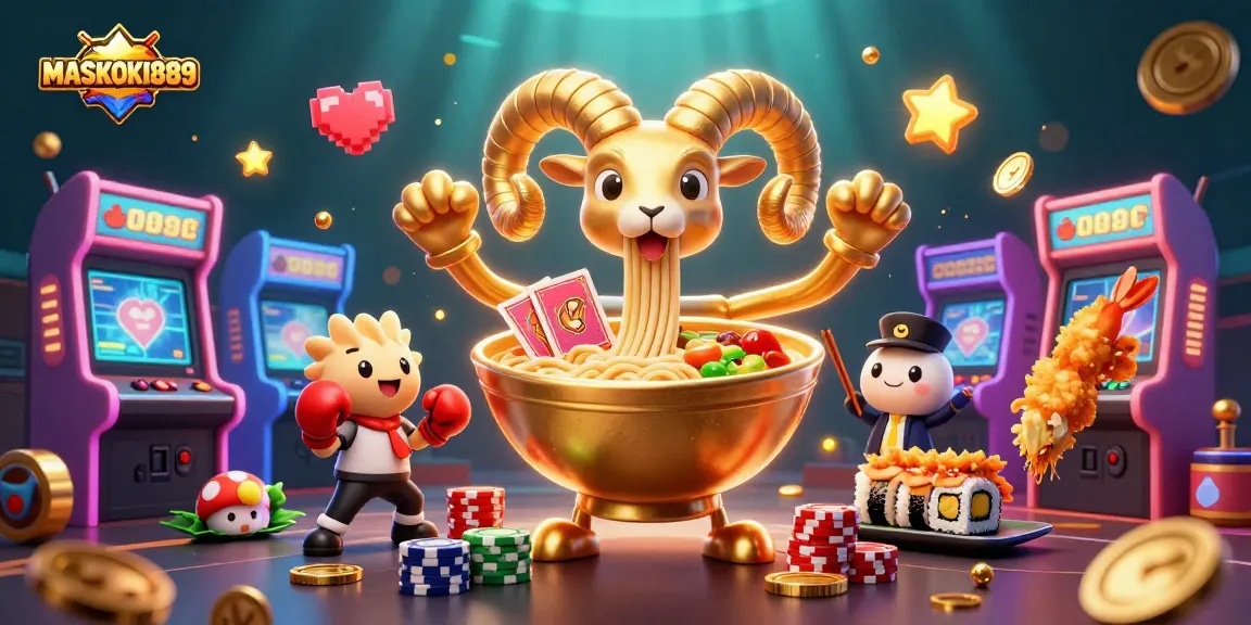 Engage in high-energy gameplay with MASKOKI889 featuring vibrant, dynamic casino-themed characters and elements.