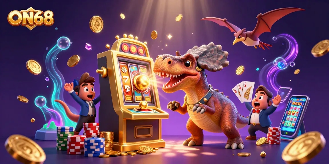 Experience the excitement of ON68 as cartoon dinosaurs engage in jackpot action in a vibrant casino.