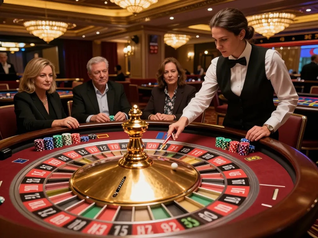 cm88game players bet on an elegant roulette table at a vibrant casino during an exciting game.