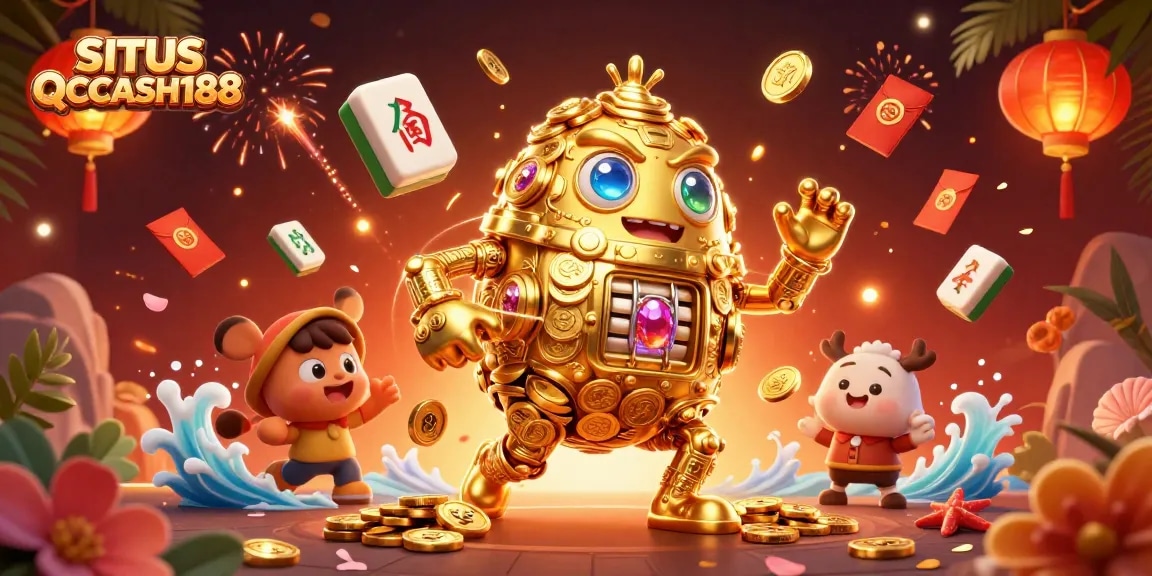 SITUS QQCASH188 offers a vibrant gambling scene with a majestic golden golem, mahjong tiles, and luck symbols.