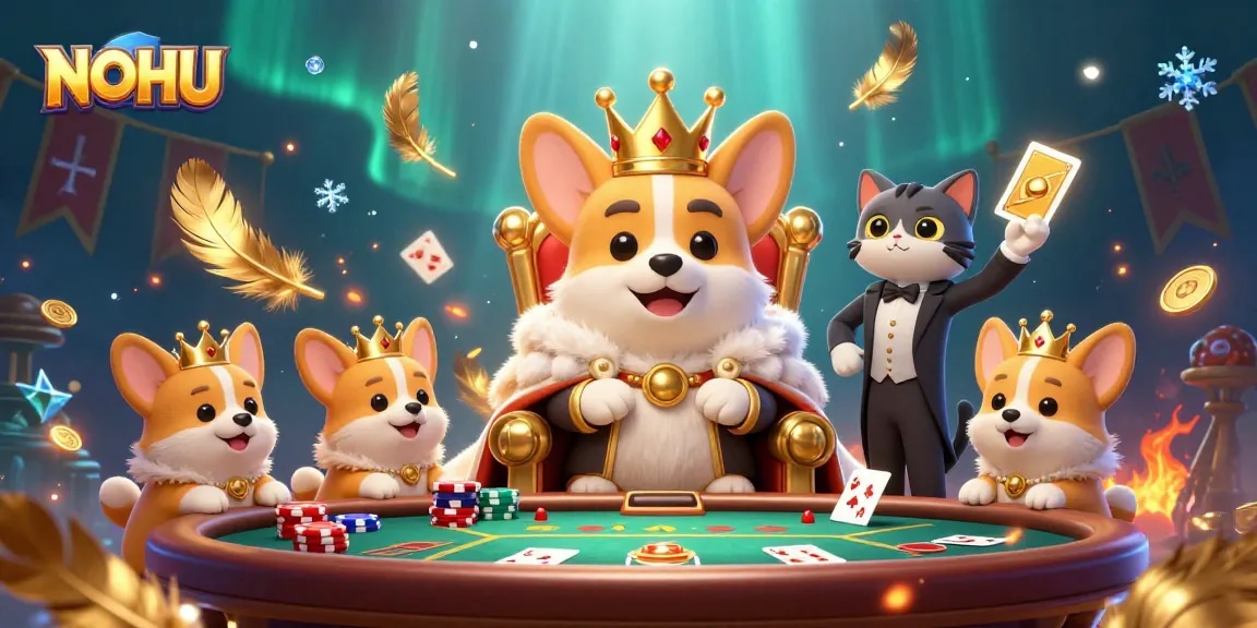 Experience the thrill of NOHU gaming with a royal corgi surrounded by cards and gold.