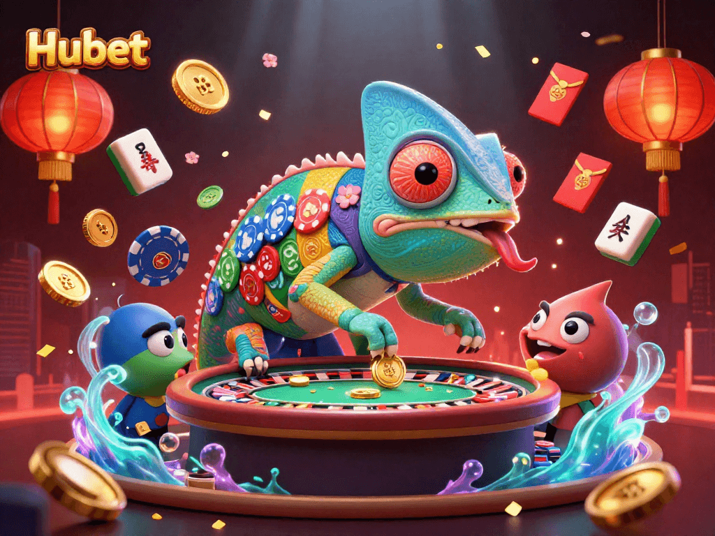 Experience excitement at Hubet's dynamic casino scene with vibrant chameleon and game elements!