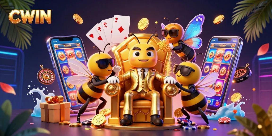 CWIN captures the excitement of online gaming with a vibrant 3D illustration of casino characters amidst dynamic game elements.