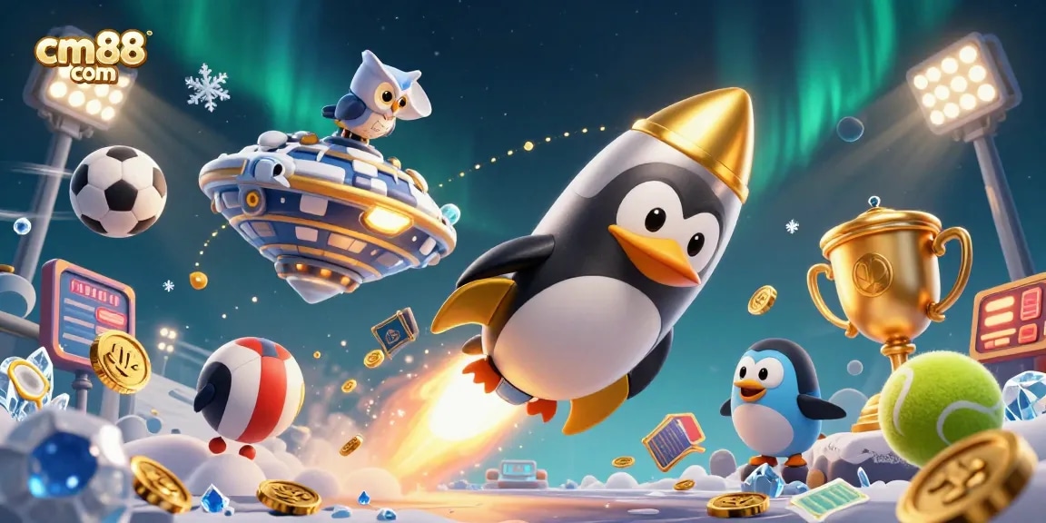 Experience thrilling gameplay at cm88 com with a vibrant 3D casino scene featuring a golden penguin and dynamic sports elements.