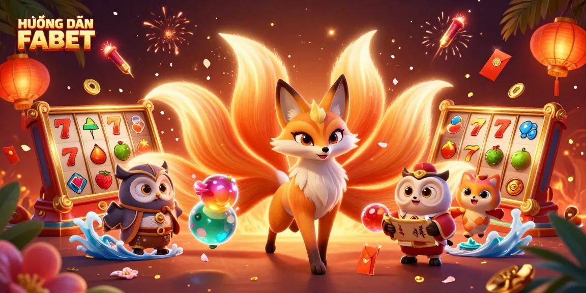 Engage in thrilling gaming with HƯỚNG DẪN FABET and a vibrant 3D casino illustration featuring colorful characters and symbols.