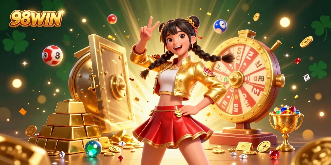 Win big at 98WIN with dynamic games, vibrant colors, and thrilling prizes illustrated in a captivating casino scene.