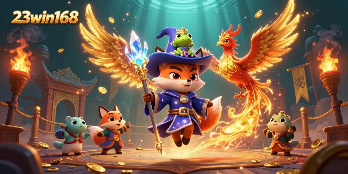 Immerse in the vibrant world of 23win168 with enchanted characters and dynamic casino elements.