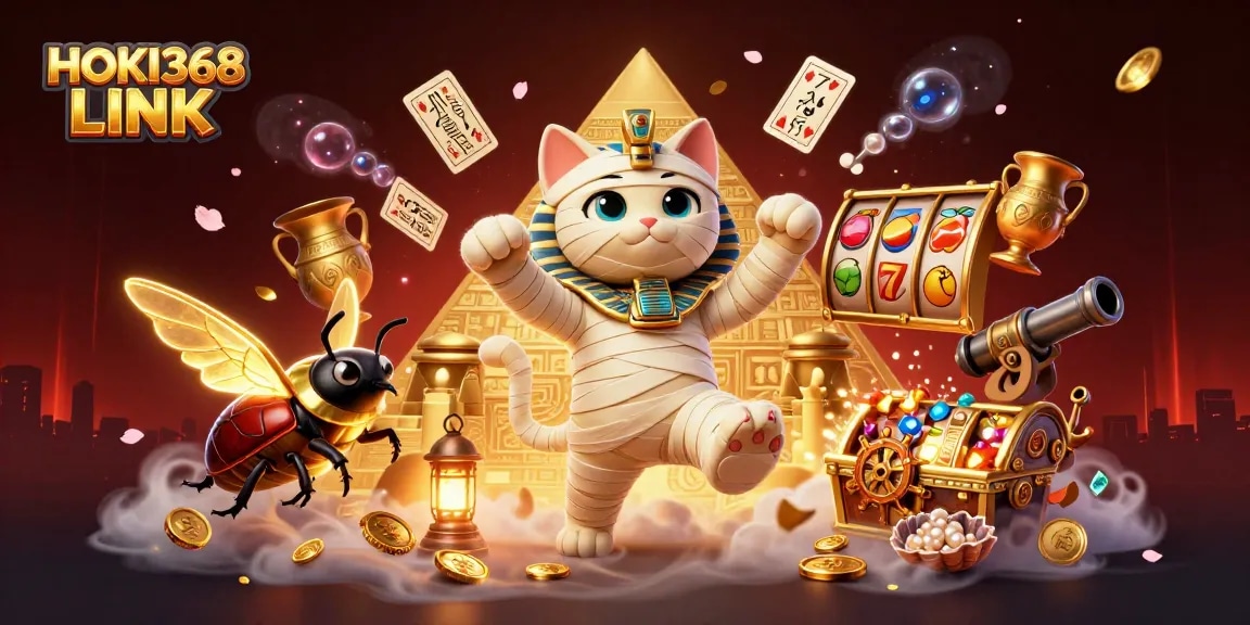Experience thrilling gameplay with HOKI368 LINK as the mummy cat and beetle showcase vibrant casino action.