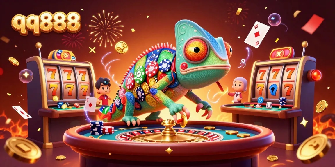Play the latest casino games at qq888 with a vibrant chameleon owner and colorful winning elements.