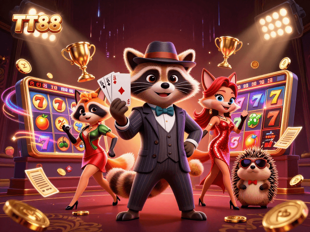 TT88's exciting online atmosphere with a suave raccoon, glamorous fox, and dynamic slot game elements.