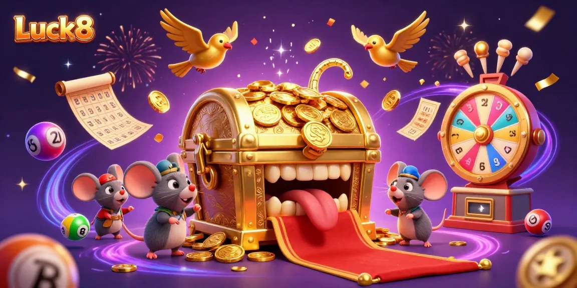 Experience thrilling winnings at Luck8 with an animated treasure chest and vibrant lottery elements.