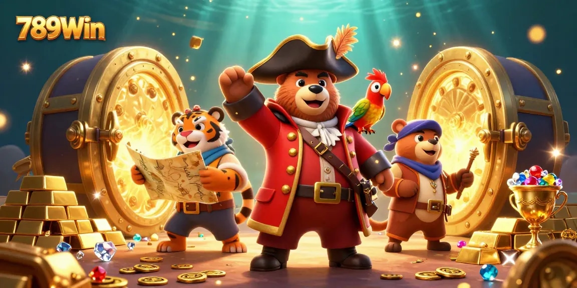 Engage with 789Win's vibrant casino adventure featuring a bear captain, tiger, and golden treasures.