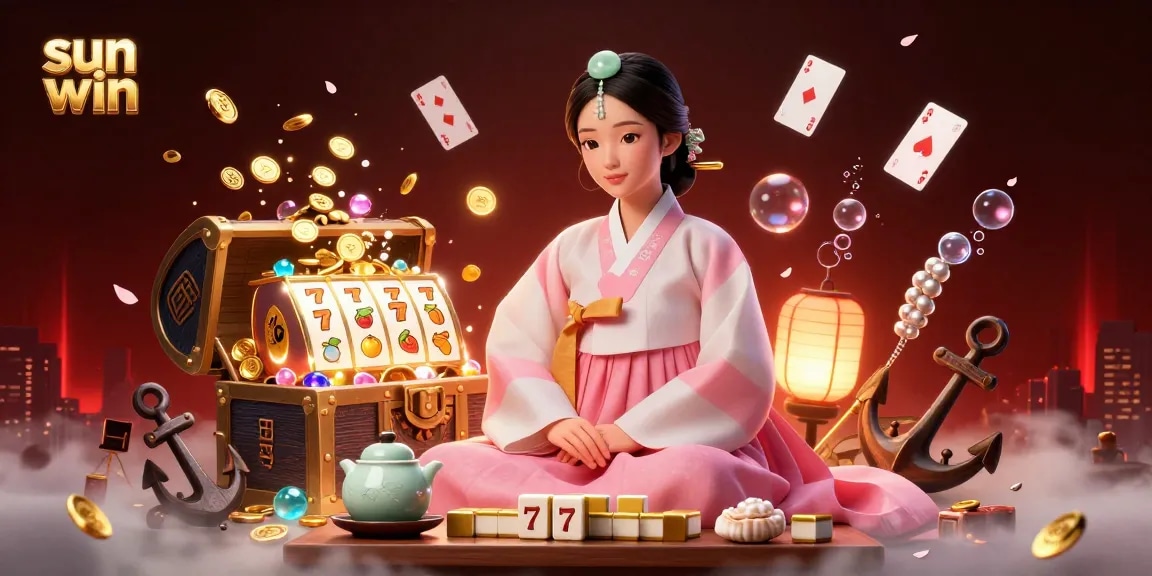 Experience winning with sun win as elegant Asian woman enjoys casino games and rich treasures.