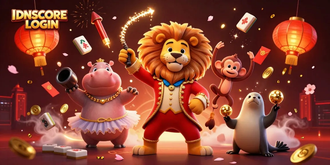 IDNSCORE LOGIN showcases a vibrant 3D circus-themed casino illustration with dynamic gaming elements and rich characters.