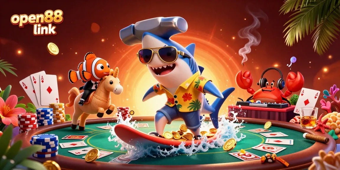 Enjoy the excitement of gaming with open88 link featuring a shark, seahorse, and DJ in a vibrant casino scene.