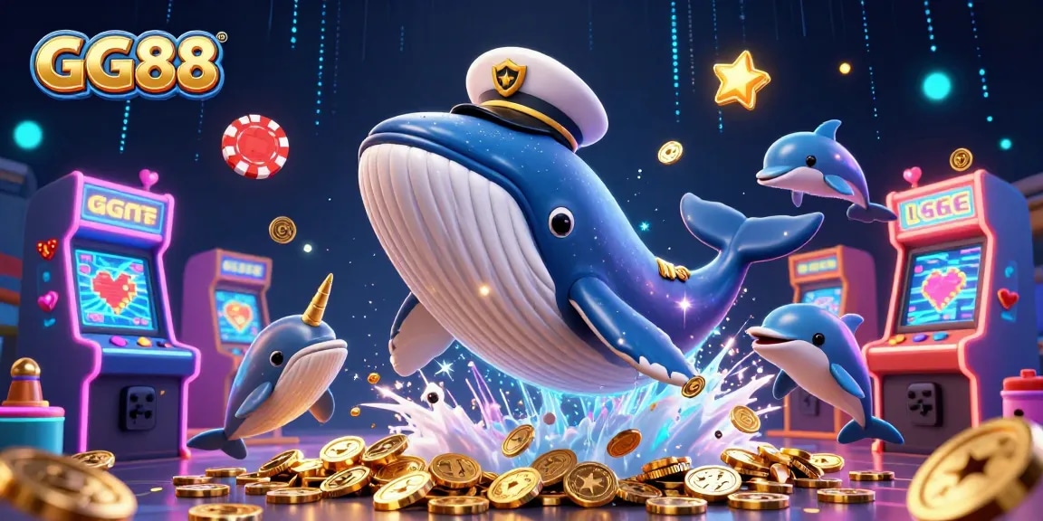 Experience big wins with GG88's captivating whale breaching through a sea of coins and playful dolphins