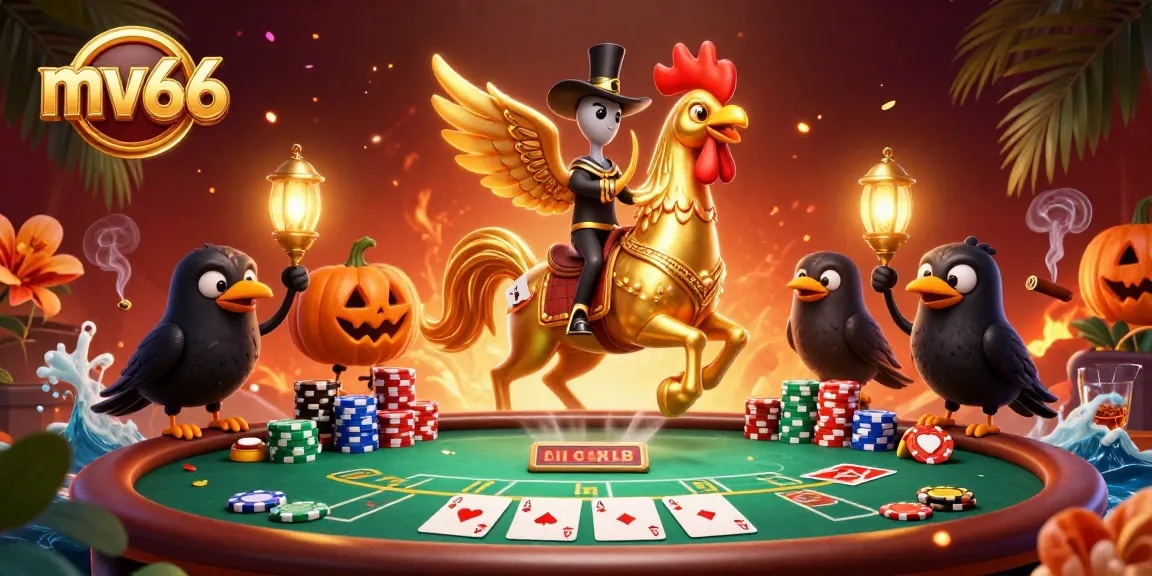 This scene captures mv66 as a thrilling online casino experience with a golden rooster, poker elements, and vibrant details.