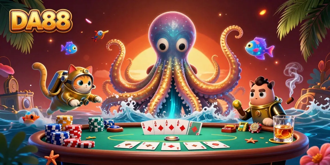 Experience the excitement of DA88 with a vibrant 3D illustration featuring a kraken and poker elements.