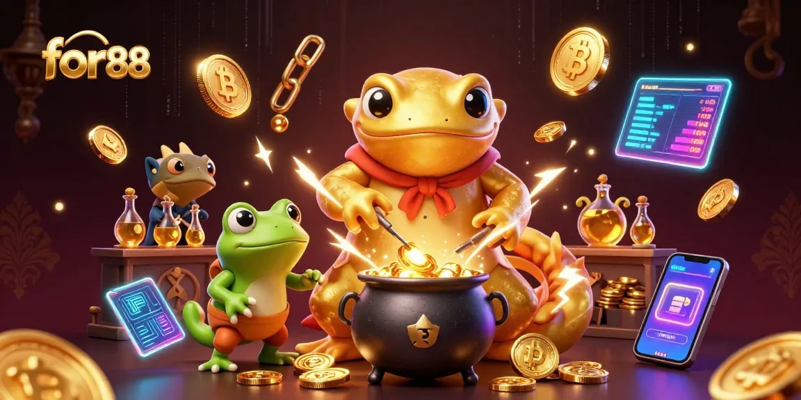 Experience thrilling gameplay at for88 with a 3D illustration of golden alchemy and crypto elements.
