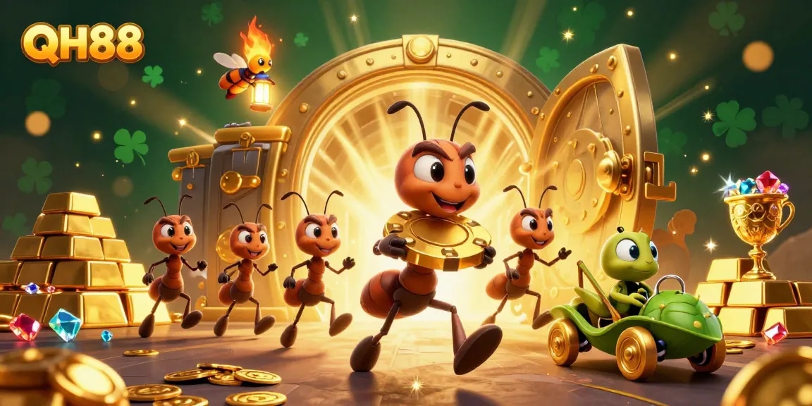 Experience thrilling action at QH88 with cartoon ants carrying a giant poker chip in a vibrant casino heist.