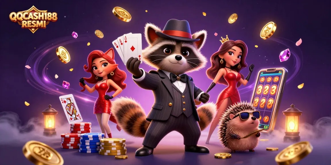 Experience thrilling wins at QQCASH188 RESMI with a charming raccoon and friends in this action-packed casino scene.