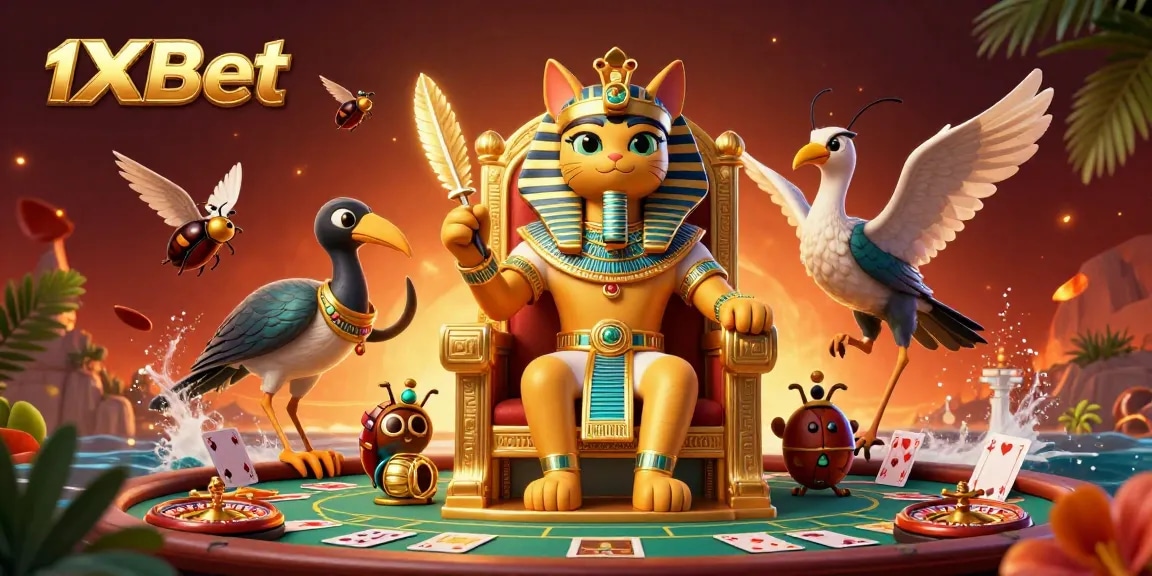 Play thrilling casino games with 1xBet, featuring festive Egyptian characters in a captivating 3D scene.
