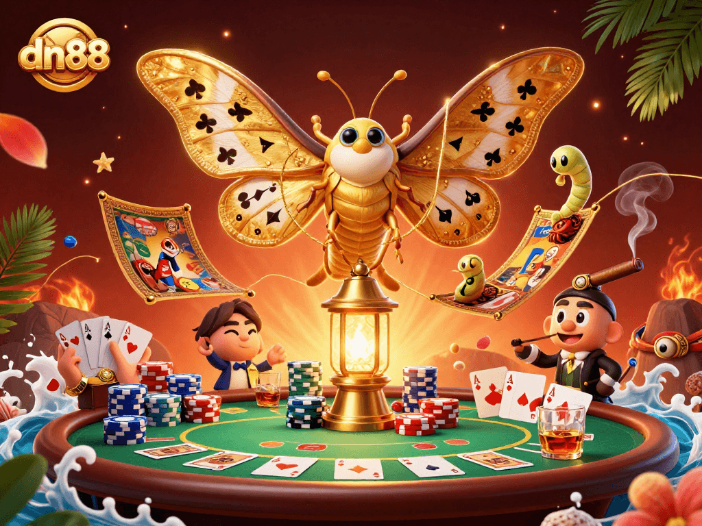 Engage in thrilling poker action at dn88 with vibrant card suits and casino scenes woven in.