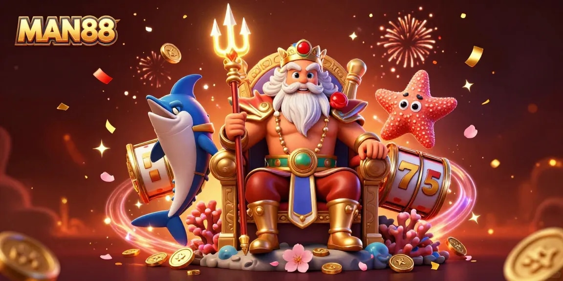 Engage in thrilling spins at MAN88 with vibrant slot reels, gold coins, and festive elements.