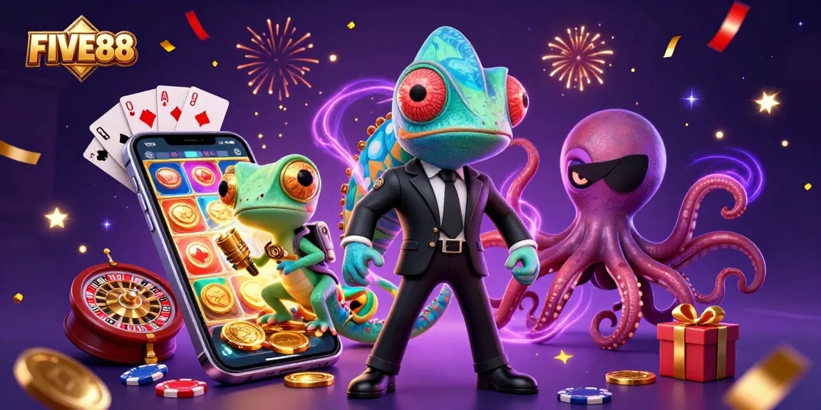 Engage with FIVE88’s vibrant casino experience featuring a colorful slot game and dynamic characters!